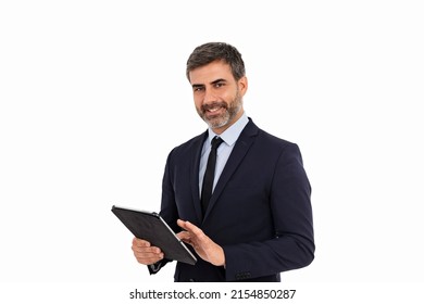 Man using tablet and looking at camera on white background - Powered by Shutterstock