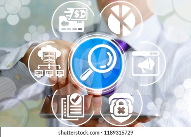 Man using tablet pc offers a magnifying glass icon on a virtual interface. Data Analyzing Business Technology concept.  Structuring Binary Information Search and Analytics.