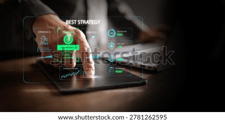 A man using tablet to select the best strategy on dashboard. Recommended options, target goals, success rates, low risk scenarios, goal alignment, action plans for corporate planning and growth.