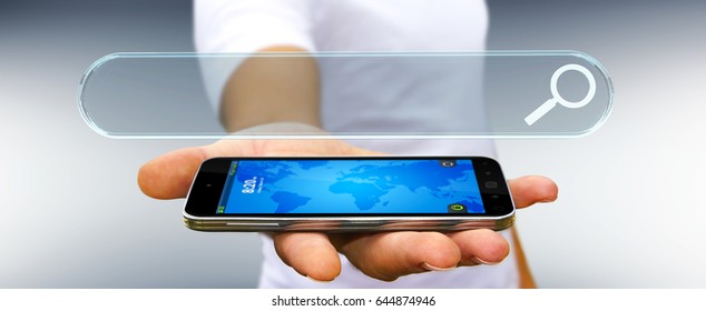 Man using tactile interface web address bar to surf on internet 3D rendering