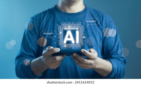 Man using technology generative AI for working tools. Chat with AI, using technology smart robot AI, artificial intelligence to generate something or Help solve work problems