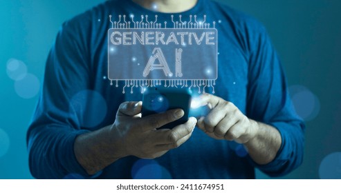 Man using technology generative AI for working tools. Chat with AI, using technology smart robot AI, artificial intelligence to generate something or Help solve work problems