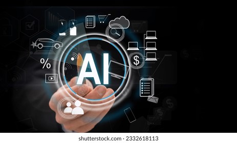 Man using technology smart robot AI, artificial intelligence by enter command prompt for generates something, Ai technology, Artificial Intelligence. Chat with AI