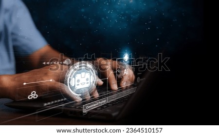 Man using technology smart robot AI, artificial intelligence by enter command prompt for generates something, Ai technology, Artificial Intelligence. Chat with AI
