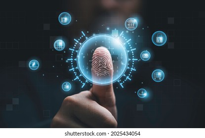 Man Using Thumb To Scan Finger Print Or For Digital Processing  Biometric Identification  To Access  Security System Includes Internet Banking, Cloud System And Mobile Phone , Cyber Security Concept.