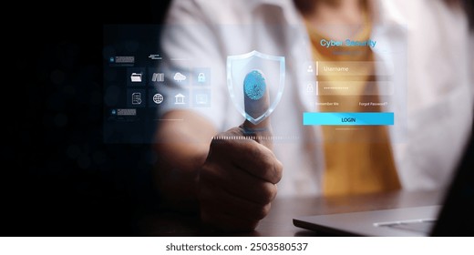 Man using thumb to scan finger print or for digital processing biometric identification to access security system includes internet banking, cloud system and mobile phone , Cyber security concept.