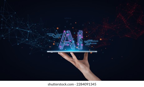 Man using tools AI. technology smart robot science and artificial intelligence technology, and innovation futuristic and global connection for providing access to information and data online network, - Shutterstock ID 2284091345