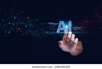Man using tools AI. technology smart robot science and artificial intelligence technology, and innovation futuristic and global connection for providing access to information and data online network,