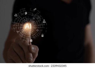 Man using tools AI. technology smart robot science and artificial intelligence technology, and innovation futuristic and global connection for providing access to information and data online network.