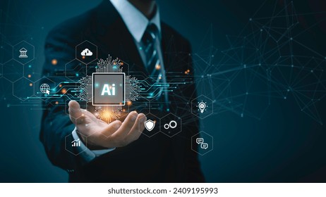 Man using tools AI. technology smart robot science and artificial intelligence technology, and innovation futuristic and global connection for providing access to information and data online network, - Powered by Shutterstock