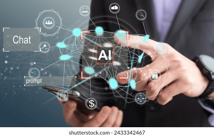 Man using tools AI. technology smart robot science and artificial intelligence technology, and innovation futuristic and global connection for providing access to information and data online network,