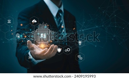 Man using tools AI. technology smart robot science and artificial intelligence technology, and innovation futuristic and global connection for providing access to information and data online network, Foto stock © 