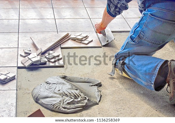 Man Using Trowel Lay Floor Tile Stock Photo Edit Now 1136258369