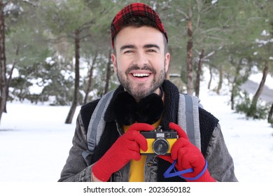 Man Using Vintage Photographic Camera