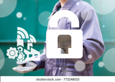 Man using virtual interface offers factory gears mechanism wifi wireless connection icon and presses lock button. Security Smart Industry 4.0 IOT concept. Secure manufacture. - Powered by Shutterstock - Get 15% off with code: PIKWIZARD15