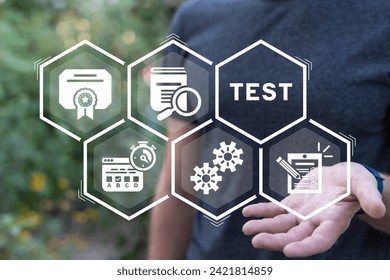 Man using virtual interface sees word: TEST. Test Business Education Quality Control concept. Exam Testing Technology.