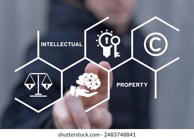 Man using virtual interface sees inscription: INTELLECTUAL PROPERTY. Intellectual Property Rights, Copyright, Patent or Trademark Infringement.