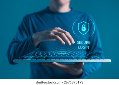 Man using virtual keyboard interface with secure login icon, representing password protection, cyber defense system, and digital identity verification for access control