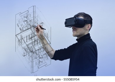 Man using virtual reality glasses. 2016 edition. Drawing architectural sketch.