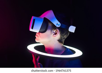 Man is using virtual reality headset.