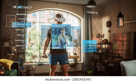 Man Using Virtual Reality Headset in Metaverse for Boxing Video Game. Person Fights AI, Scoring Points, Virtual Training, Fitness, Exercise, Online Workout. 3D Graphics, Augmented Reality Edit.