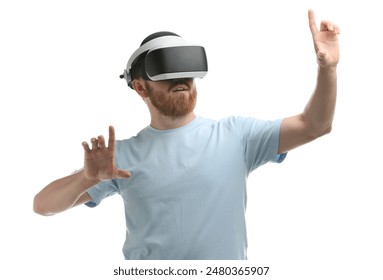 Man using virtual reality headset on white background