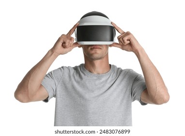Man using virtual reality headset on white background