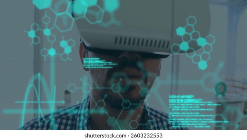 Man using virtual reality headset with digital interface overlay in modern office. Technology, innovation, vr, futuristic, workplace, interactive