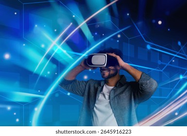 Man using virtual reality headset. Cyberspace around him