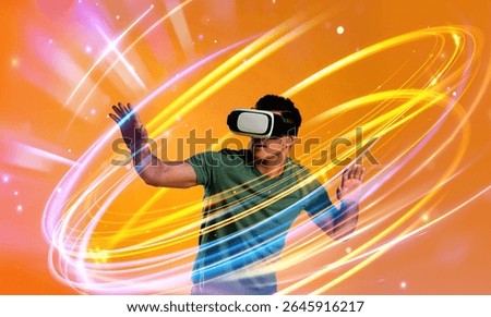 Man using virtual reality headset on orange background. Bright neon lines around him