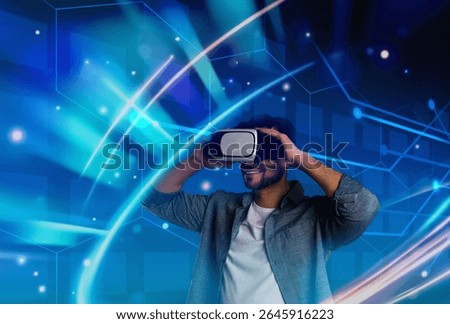 Man using virtual reality headset. Cyberspace around him