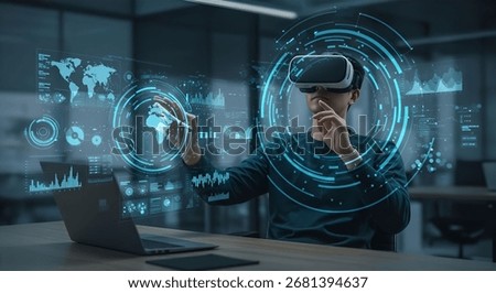 Man using virtual reality headset with futuristic holographic interface for data visualization, analytics, global communication, and digital technology innovation