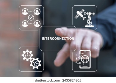 Man using virtual screen clicks word: INTERCONNECTION. Interconnected digital cyber era technology. Social networking interconnection communication concept. Big data and city interconnection tech.