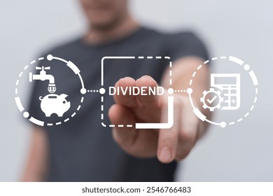 Man using virtual screen clicks word: DIVIDEND. Dividends business, tax, finance and investment concept. A dividend is a payment made by a corporation to its shareholders as a distribution of profits.