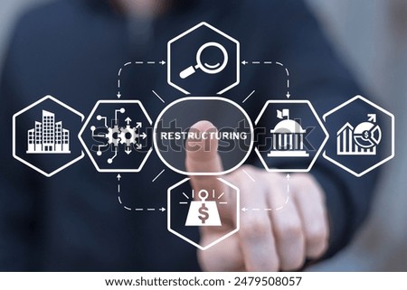 Man using virtual screen clicks text: RESTRUCTURING. Restructuring business and making company profitable concept. From loss to success. Avoid losses, make a profit. Increase efficiency, reduce costs.