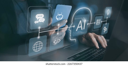 Man using virtual screen on laptop. Artificial intelligence new application, AI futuristic concept.
