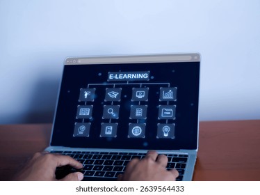 Man using virtual screen, Online education concept, Choose the correct answer, Online digital technology concept, Online learning training course, Digital