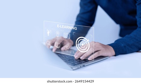 Man using virtual screen, Online education concept, Choose the correct answer, Online digital technology concept, Online learning training course, Digital 