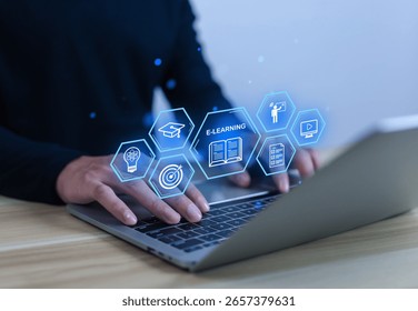Man using virtual screen, Online education concept, Choose the correct answer, Online digital technology concept, Online learning training course, Digital