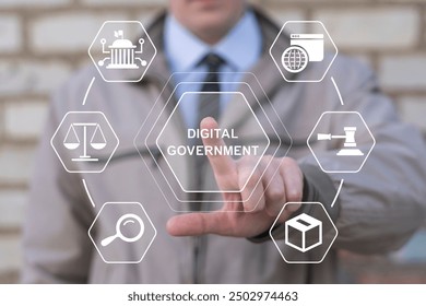 Man using virtual screen presses text: DIGITAL GOVERNMENT. Digital government concept. Electronic governance technologies. Digitalization. Digital transformation public government sector. E-government