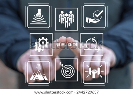 Man using virtual screen presses word: RESILIENCE. Resilience business for sustainable and inclusive growth concept. Ability to deal with adversity, continuously adapt, accelerate disruptions, crises.