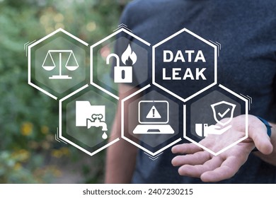 Man using virtual screen sees text: DATA LEAK. Data breach security attack and hacker fraud problem. Leak information and confidential data phishing. Privacy and online identity vulnerability alert.