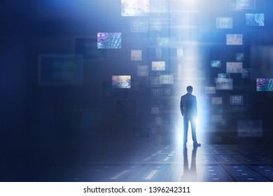 Man using virtual telecommunication digital interface. Concept of computer engineering, modern technology and business. Toned image double exposure blur