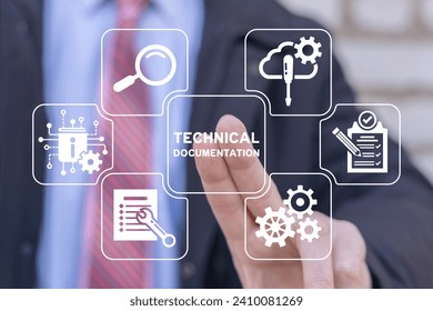 Man using virtual touch interafce sees inscription: TECHNICAL DOCUMENTATION. Concept of technical documentation. Information book and instructions. Technical document, professional guide.