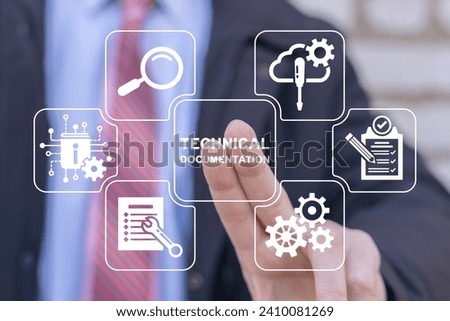 Man using virtual touch interafce sees inscription: TECHNICAL DOCUMENTATION. Concept of technical documentation. Information book and instructions. Technical document, professional guide.