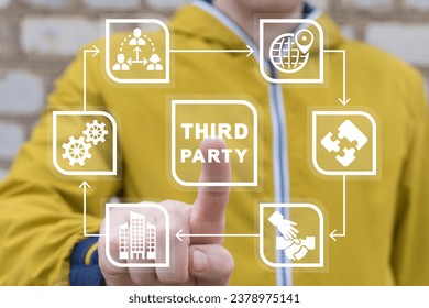 Man using virtual touch interface presses inscription: THIRD PARTY. Concept of business third party and mediation. Conflict assistance and negotiation management with third party help.