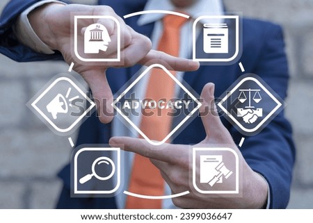 Man using virtual touch interface sees word: ADVOCACY. Business advocacy and lawyer consulting concept. Advocacy legal public service.