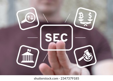 Man using virtual touch screen presses acronym: SEC. Concept of Security Exchange Committee (SEC). SEC exercises control of Exchange Traded Fund (ETF).