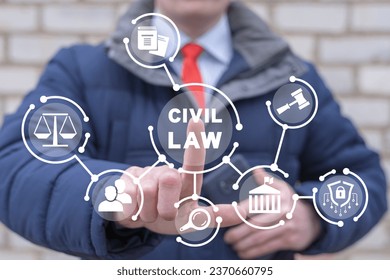 Man using virtual touch screen presses inscription: CIVIL LAW. Jurisprudence legal education concept. Civil rights protection.