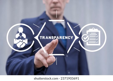 Man using virtual touch screen presses word: TRANSPARENCY. Concept of business transparency. Honest and clean company. Financial and economical stats sharing, publication and presentation.